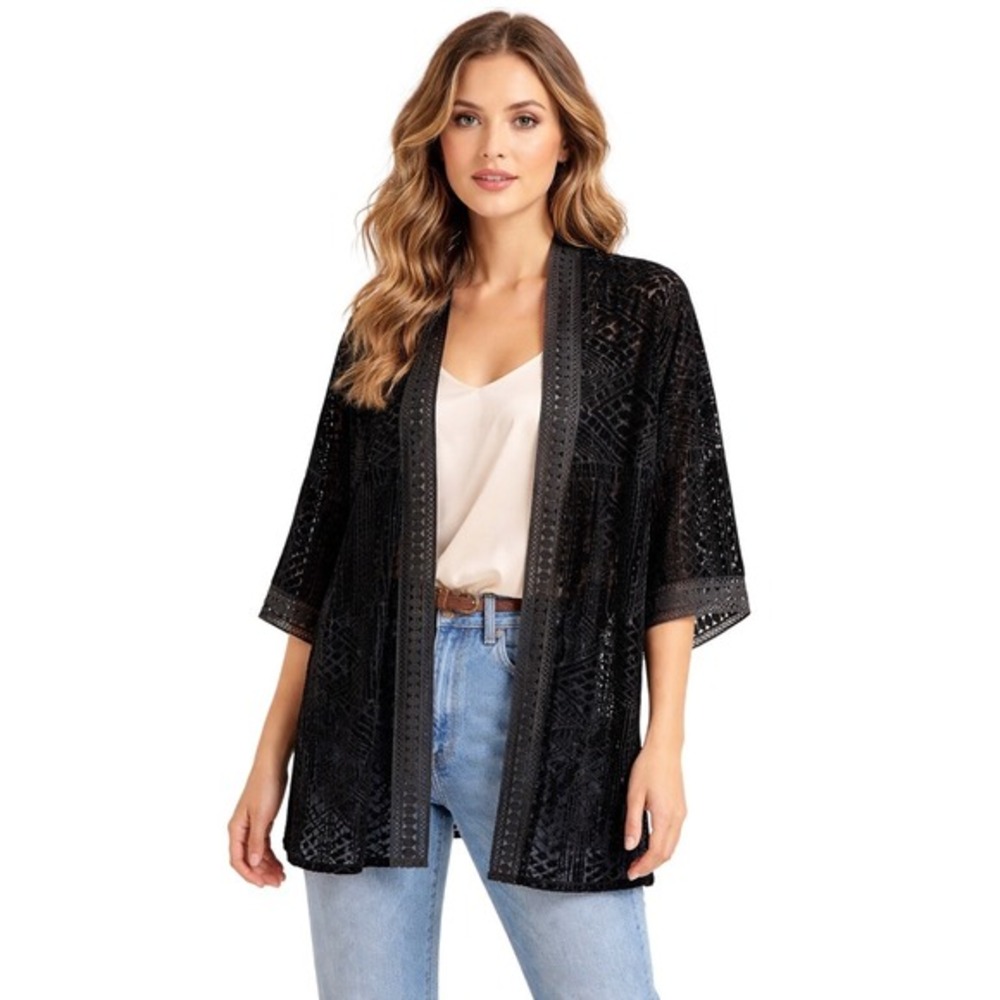 Nostalgia Black Velvet Burnout Lace Trim Kimono Cardigan Duster sz‎ M Whimsigoth - Picture 2 of 8